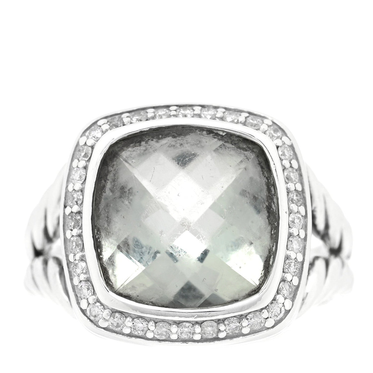 David Yurman Sterling Silver Diamond Prasiolite 11mm Albion Ring 50 5.5