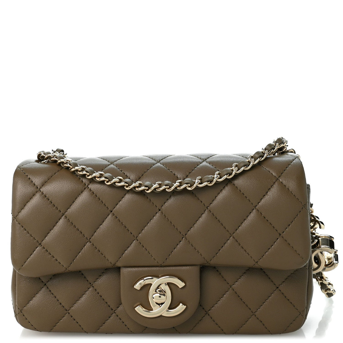 Chanel Lambskin Quilted Mini Rectangular CC Slide Flap Bag Dark Khaki
