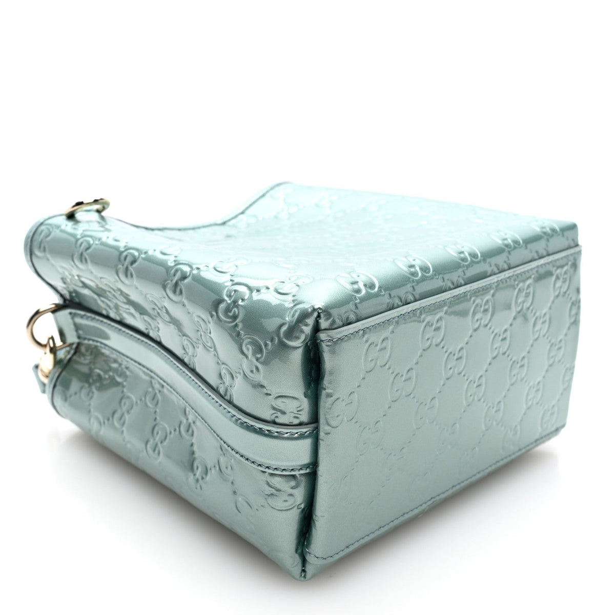 Gucci Patent GG Emblem Small Bucket Bag Light Blue