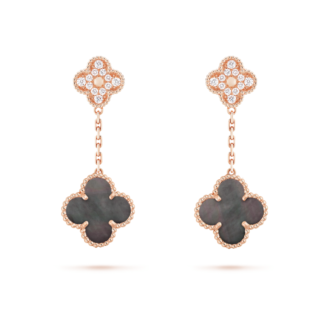18K Rose Gold Diamond Gray MOP VCA Magic Alhambra Earrings 2 Motifs