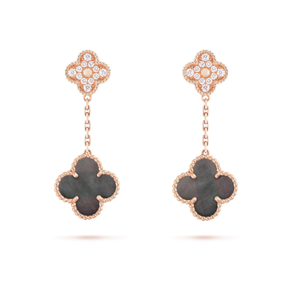 18K Rose Gold Diamond Gray MOP VCA Magic Alhambra Earrings 2 Motifs