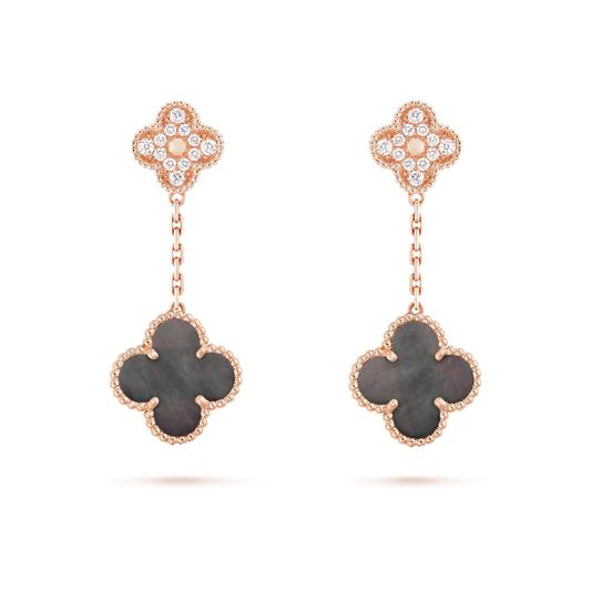 18K Rose Gold Diamond Gray MOP VCA Magic Alhambra Earrings 2 Motifs