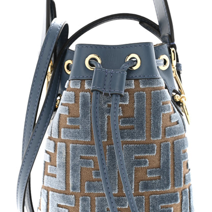 Fendi Vitello Grace Velluto FF Mini Mon Tresor Bucket Bag Dusty Blue Brown