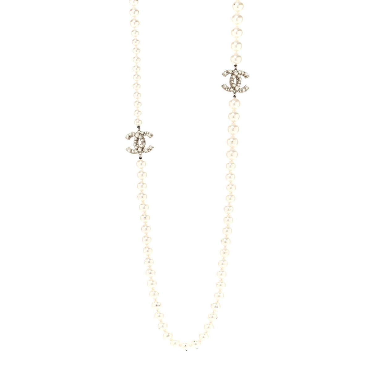 Chanel Gold Tone Crystal Faux Pearl CC Long Necklace
