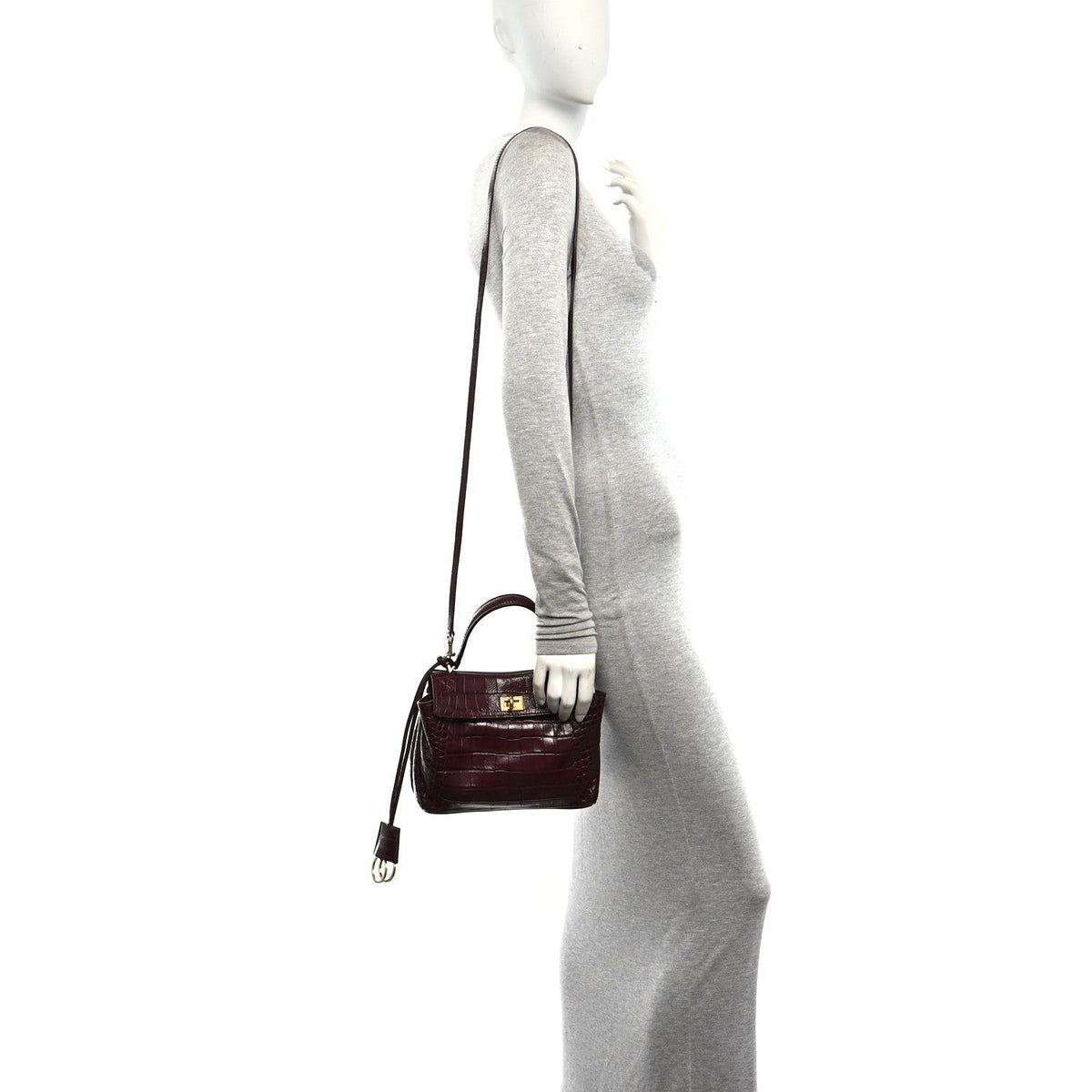 Balenciaga Shiny Calfskin Crocodile Embossed Mini Rodeo Top Handle Bag Dark Burgundy