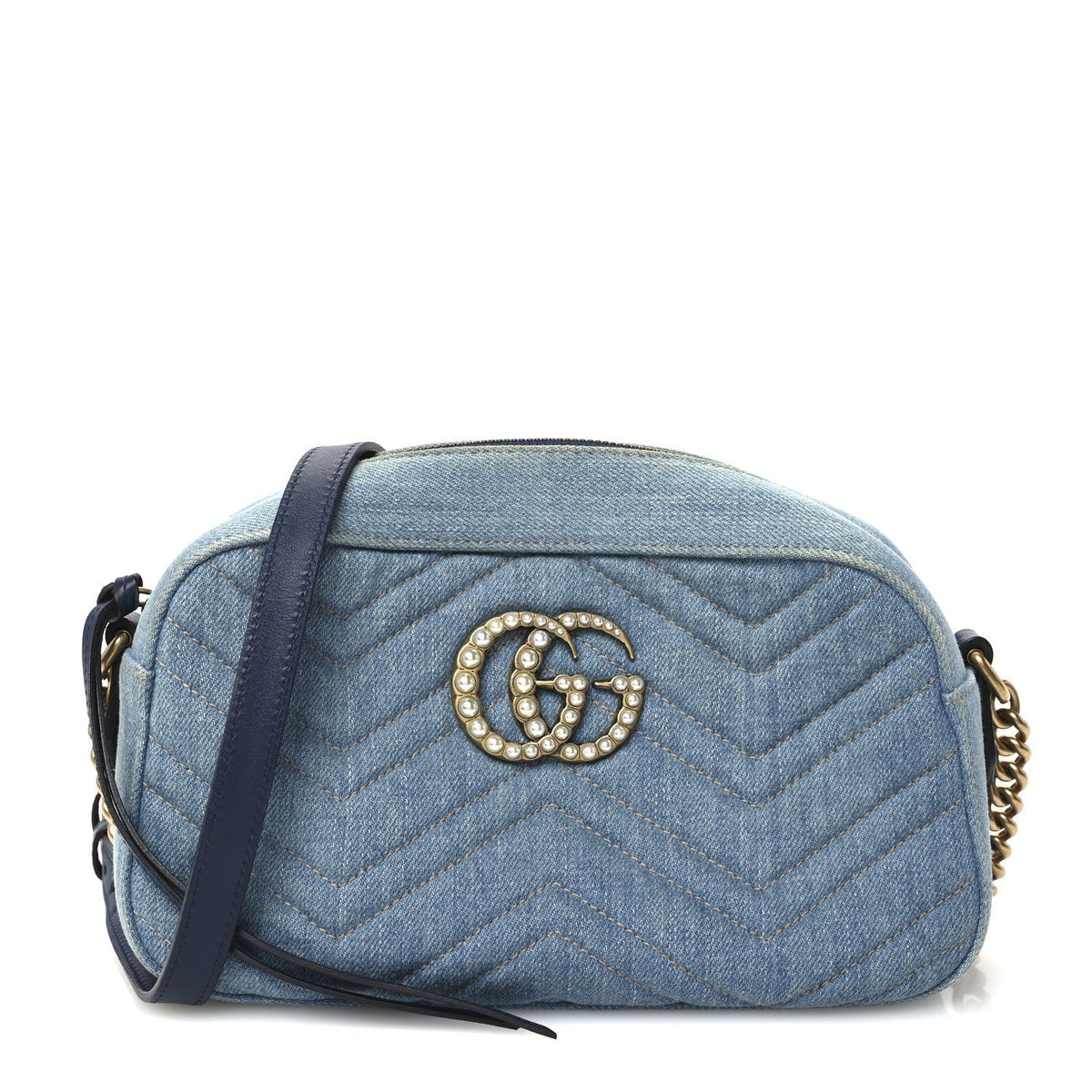 Gucci Denim Matelasse Small Pearly GG Marmont Chain Shoulder Bag Blue
