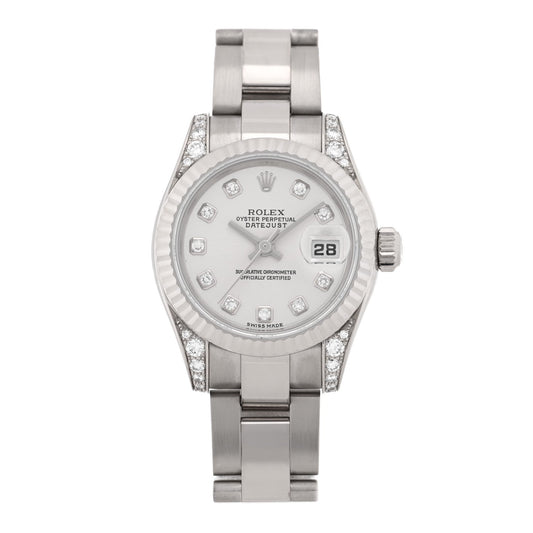 Rolex 18K White Gold Diamond 26mm Lady Datejust Watch Silver 179239