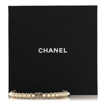 Chanel Strass Crystal Studded Pearl CC Choker Necklace Gold Pearly White