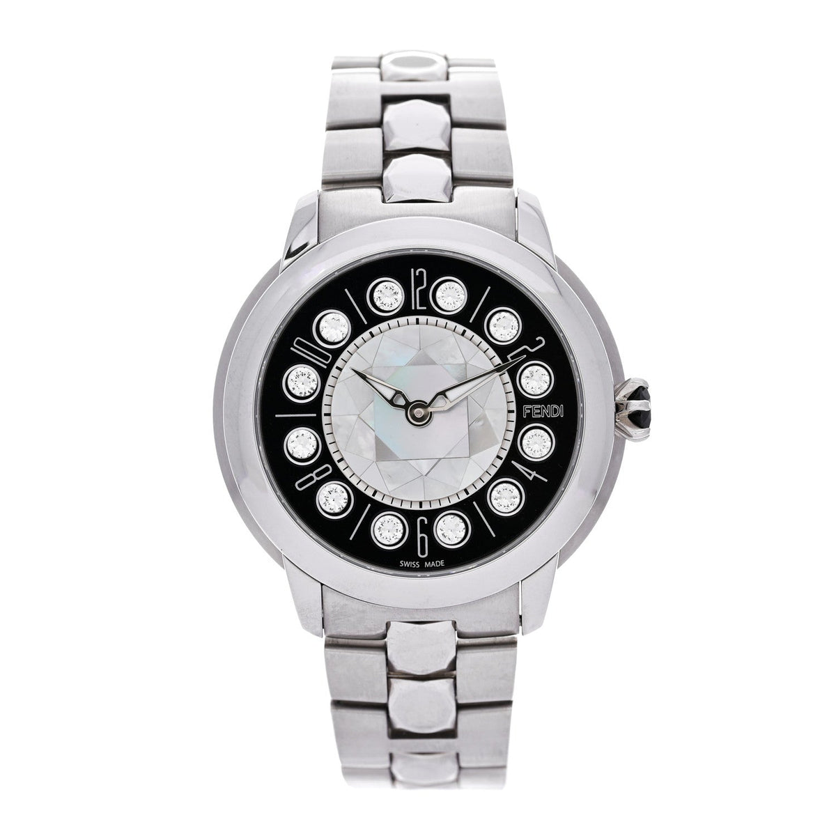 Fendi Stainless Steel Mother of Pearl Topaz Spinel 38mm Ishine Watch Black