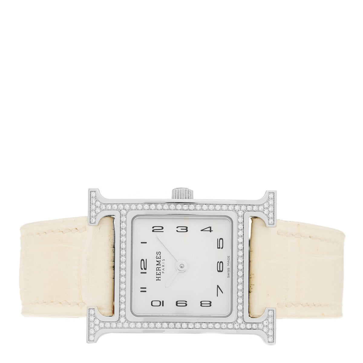 Hermes Stainless Steel Alligator Diamond 21mm Heure H Watch Blanc