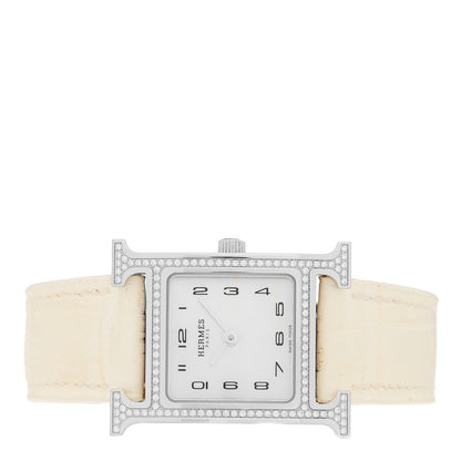 Hermes Stainless Steel Alligator Diamond 21mm Heure H Watch Blanc