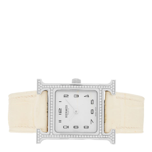 Hermes Stainless Steel Alligator Diamond 21mm Heure H Watch Blanc