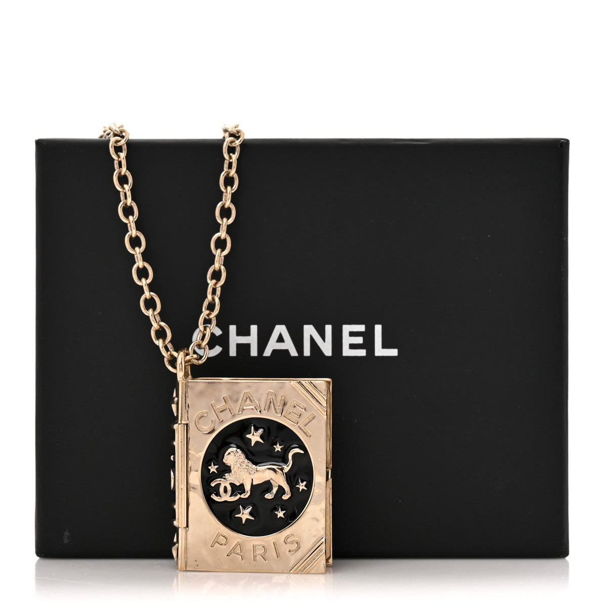 Chanel Metal CC Lion Book Locket Necklace Gold