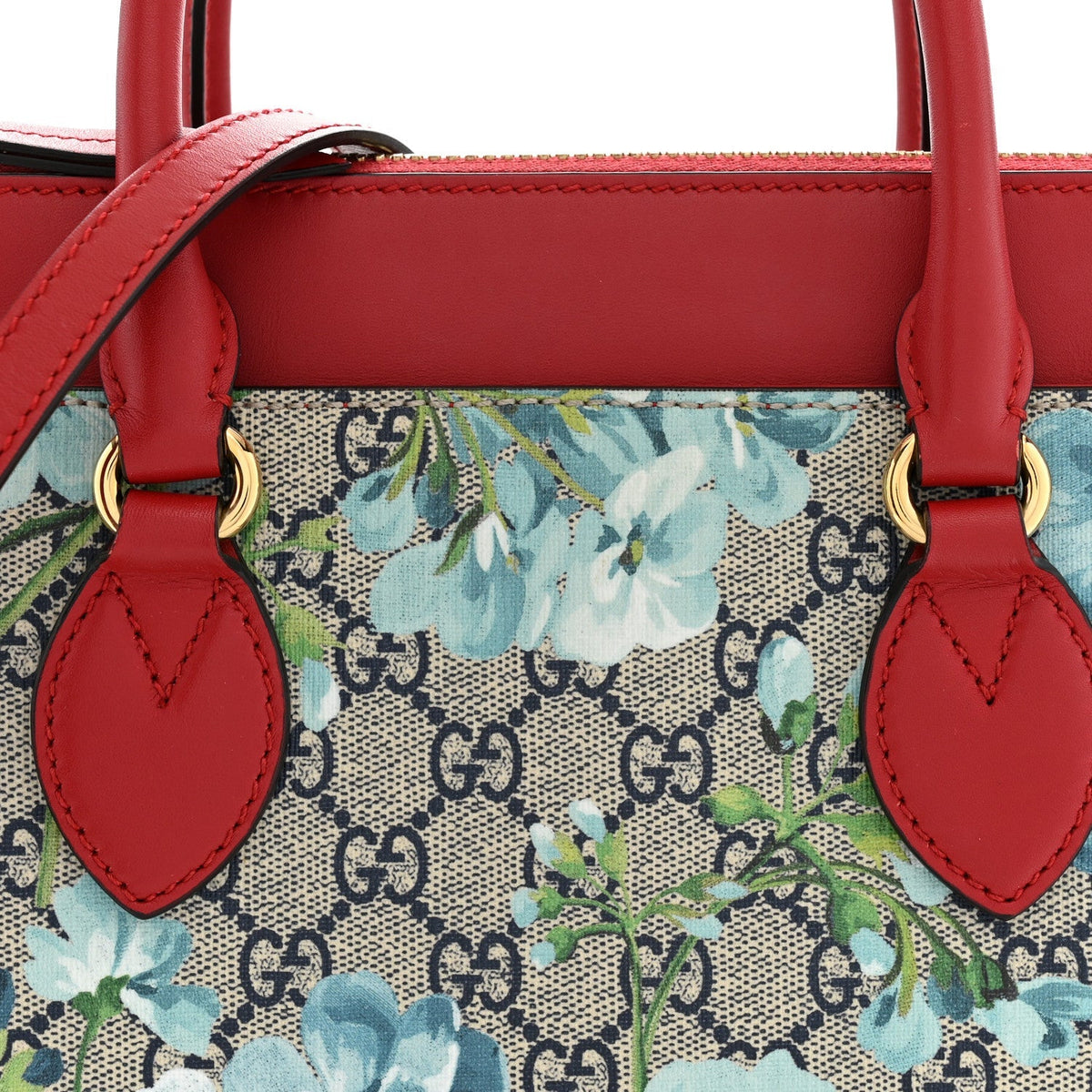 Gucci GG Supreme Blooms Small Zip Top Tote Beige Blue Navy Hibiscus Red