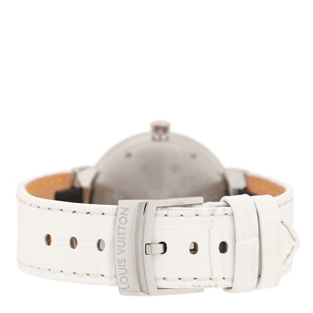 Louis Vuitton Stainless Steel Alligator Diamond 33mm Tambour Slim Watch White