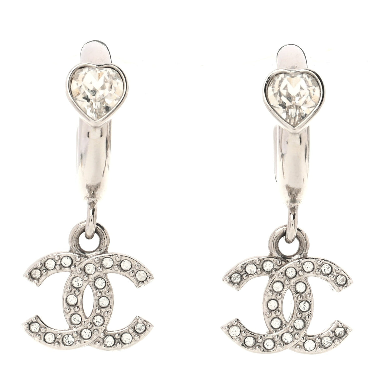 Chanel Crystal CC Heart Drop Hoop Earrings Silver