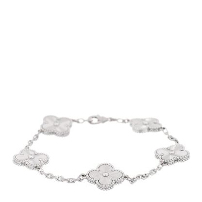 Van Cleef & Arpels 18K White Gold 5 Motifs Guilloche Vintage Alhambra Bracelet