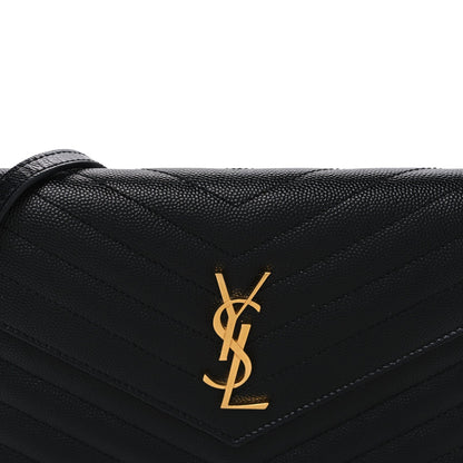 Saint Laurent Grain De Poudre Matelasse Chevron Monogram Envelope Chain Wallet Black