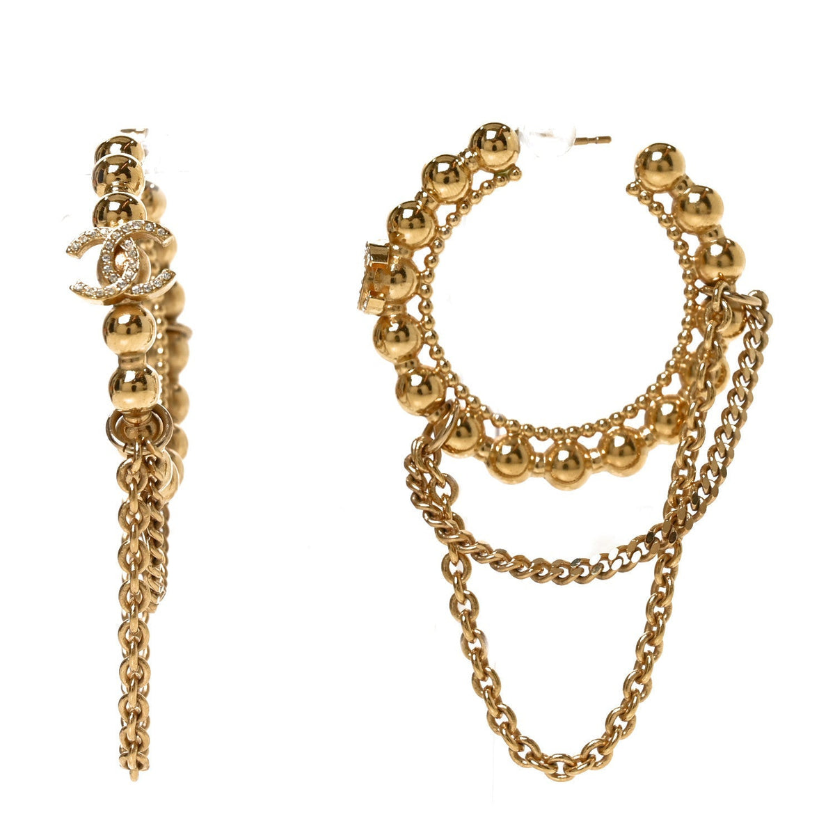 Chanel Metal Crystal Bead Chain CC Hoop Earrings Gold