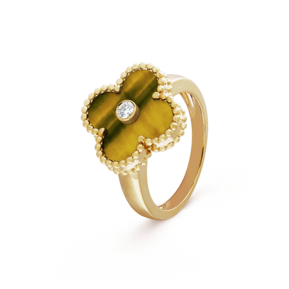 18K Yellow Gold Tiger Eye Diamond VCA Vintage Alhambra Ring