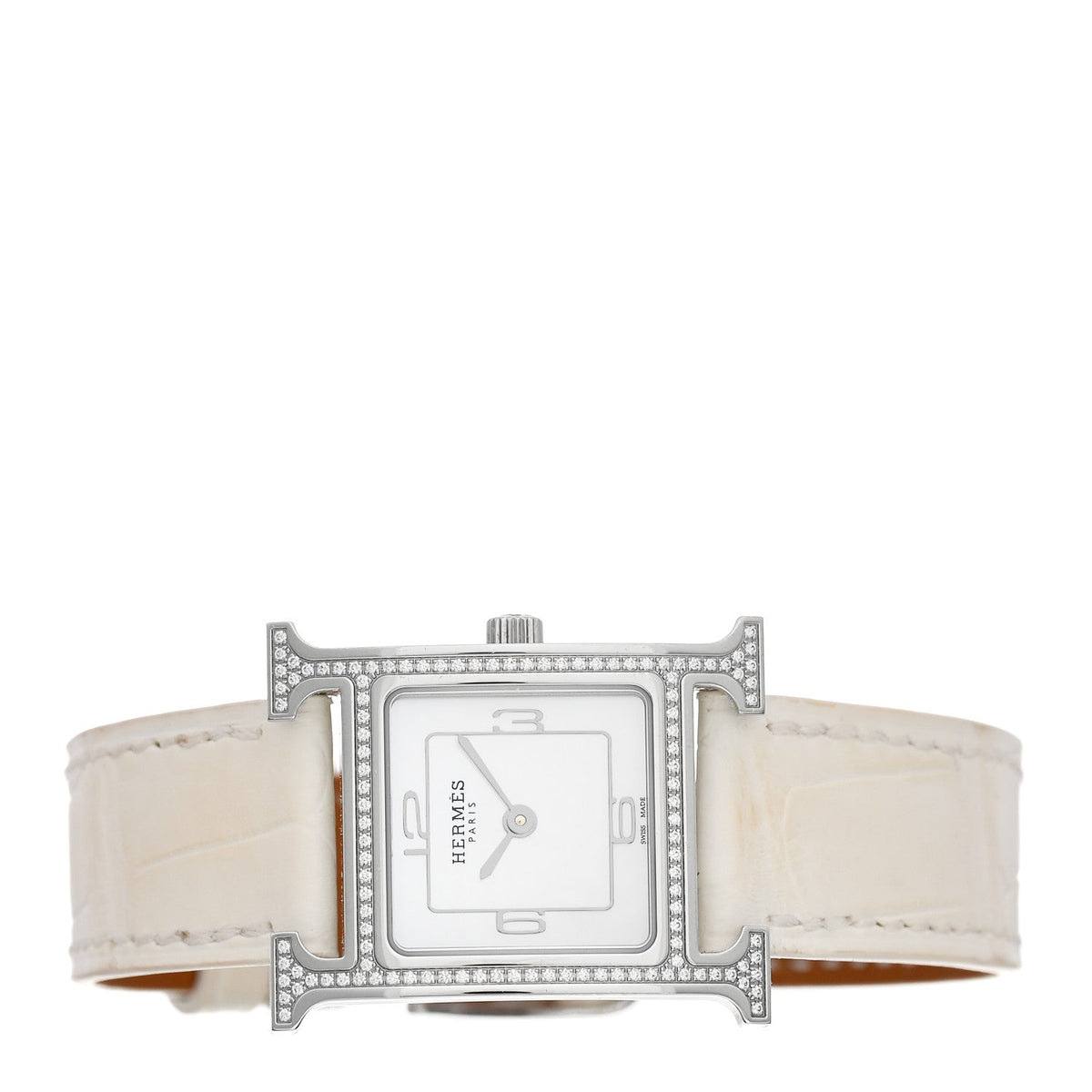 Hermès Stainless Steel Alligator Diamond 21mm Heure H Watch Blanc