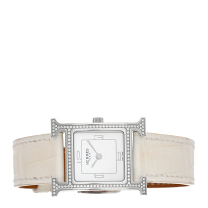 Hermès Stainless Steel Alligator Diamond 21mm Heure H Watch Blanc