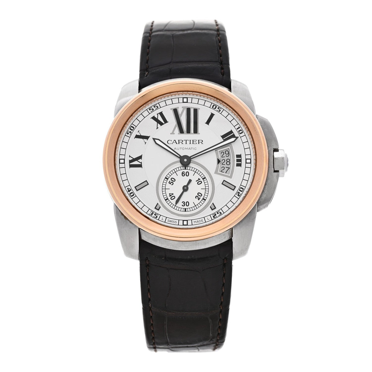 Cartier Stainless Steel 18K Pink Gold Alligator 42mm Calibre de Cartier Automatic Watch Brown