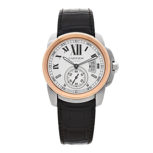 Cartier Stainless Steel 18K Pink Gold Alligator 42mm Calibre de Cartier Automatic Watch Brown