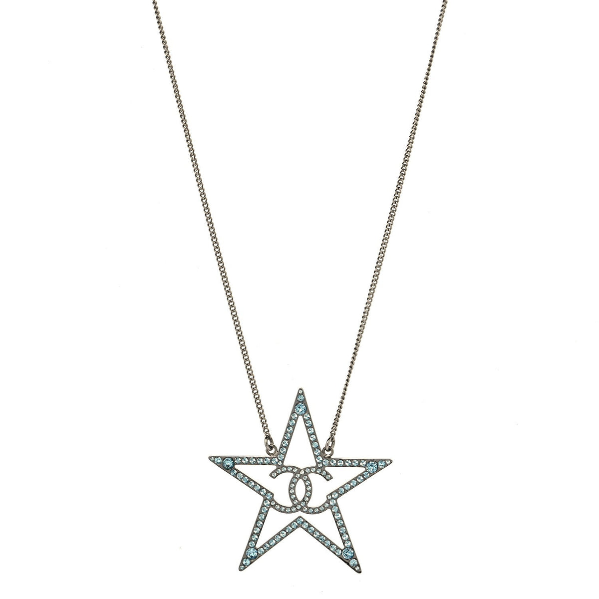 Chanel Crystal CC Star Necklace Silver Blue