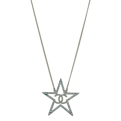 Chanel Crystal CC Star Necklace Silver Blue