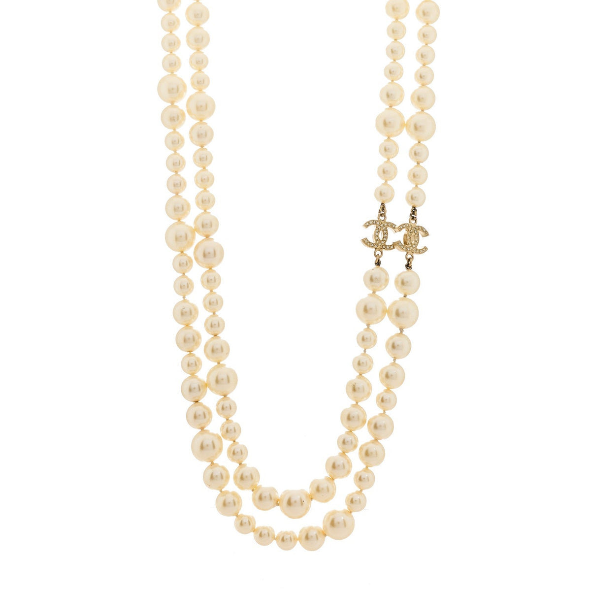 Chanel Pearl Crystal CC Long Necklace Silver