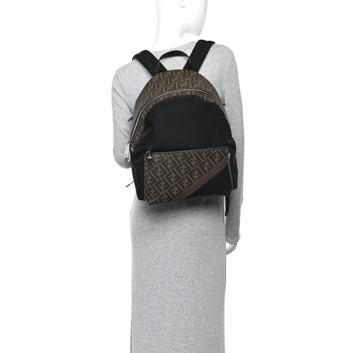 Fendi Glazed Fabric Nylon FF 1974 Diagonal Pouch Pocket Backpack Tobacco Moresco Black