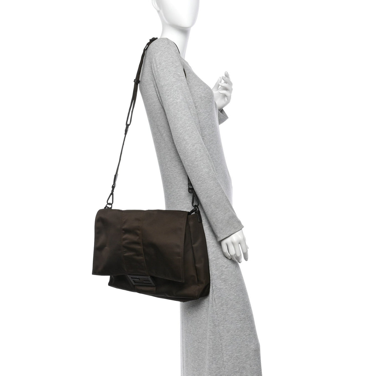 Fendi Econyl Nylon Cuoio Romano Large Baguette Messenger Bag Ebano