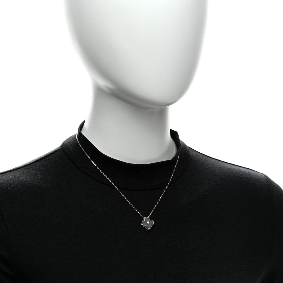 Van Cleef & Arpels 18K Rose Gold Diamond Onyx Alhambra Necklace