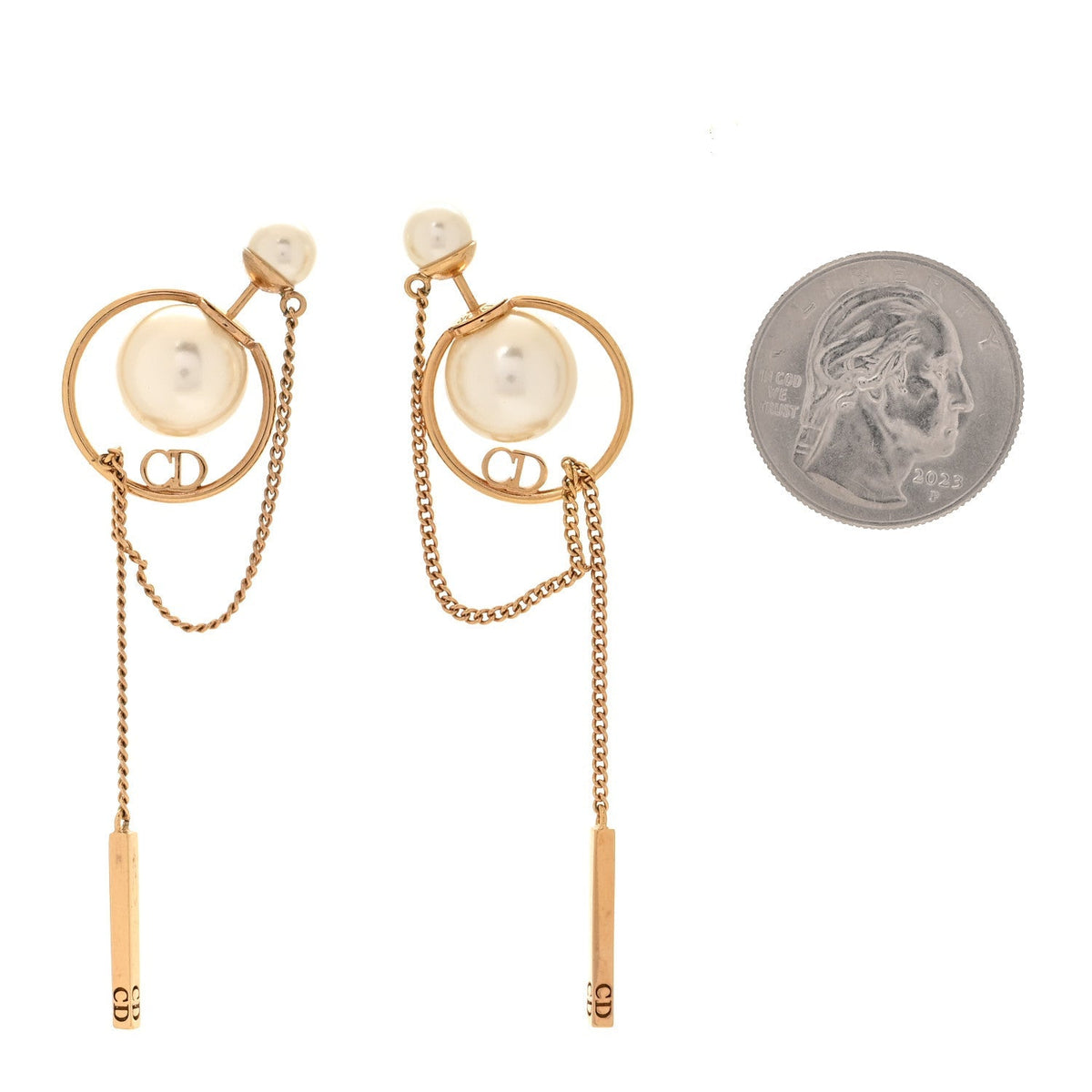 Christian Dior Pearl Tribales Dangle Chain Earrings Gold