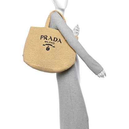 Prada Yarn Raffia Effect Crochet Embroidered Logo Tote Naturale