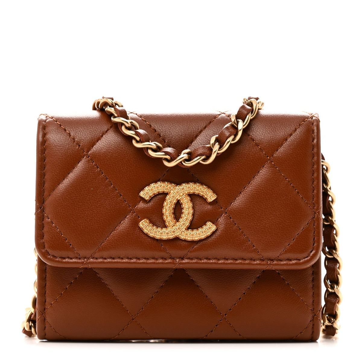 Chanel Lambskin Quilted Studded CC Clutch With Chain Brown