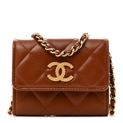 Chanel Lambskin Quilted Studded CC Clutch With Chain Brown