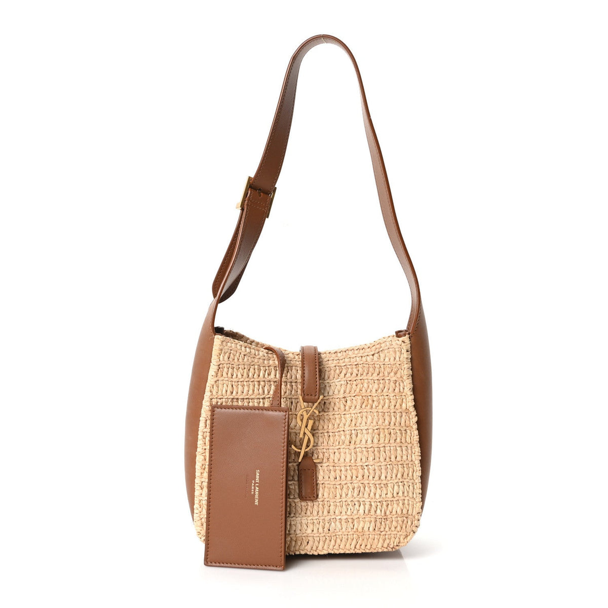 Saint Laurent Raffia Calfskin Baby Le 5 A 7 Hobo Natural Brick