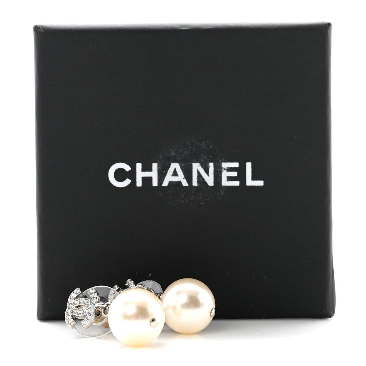 Chanel Crystal Pearl CC Drop Earrings Silver Pearly White