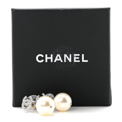 Chanel Crystal Pearl CC Drop Earrings Silver Pearly White
