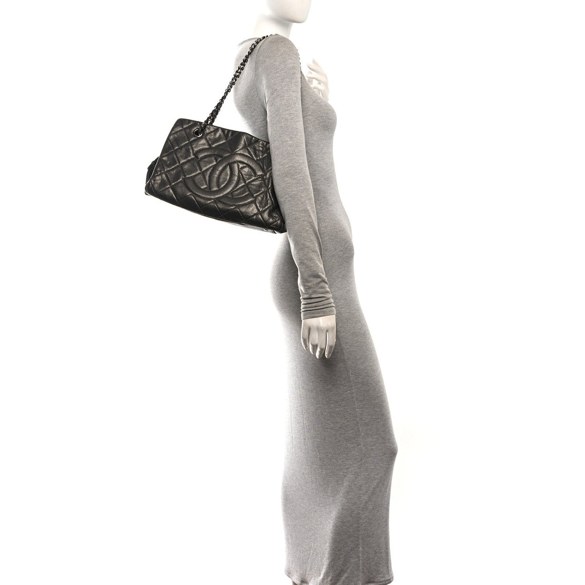 Chanel Metallic Caviar Quilted Timeless CC Shopping Tote Dark Grey