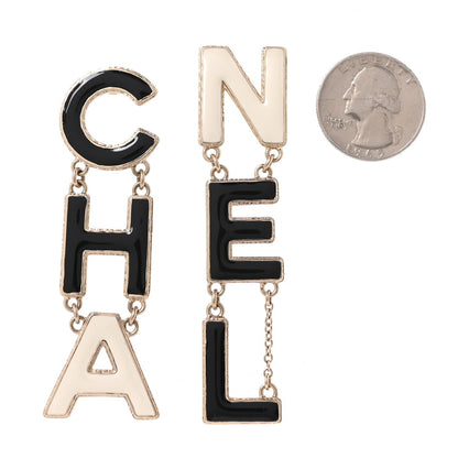 Chanel Metal Enamel Cha-Nel Logo Drop Earrings Black White