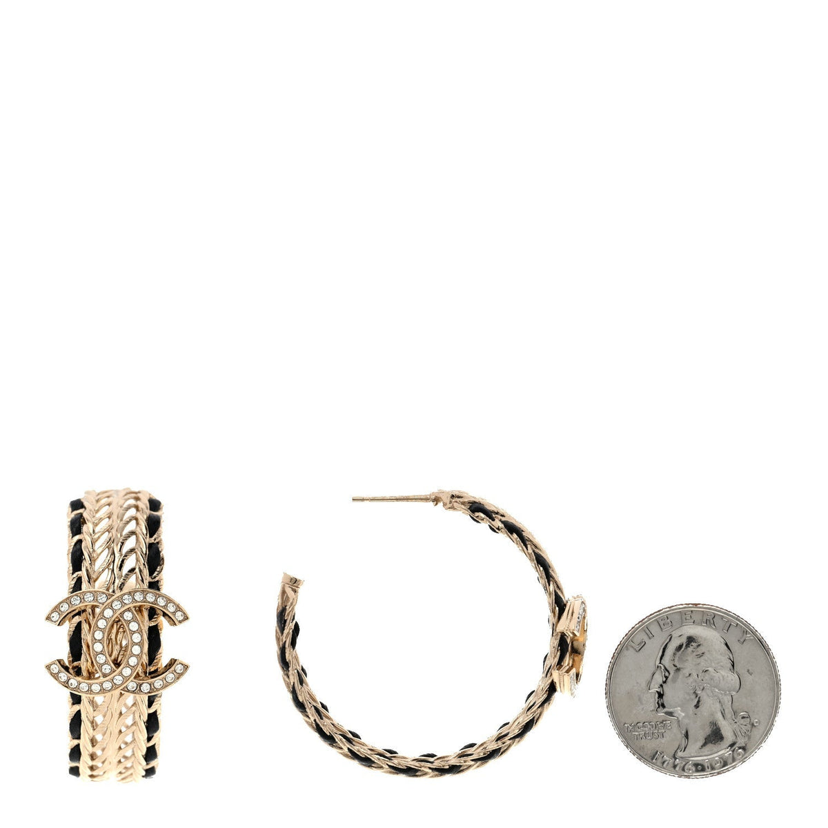 Chanel Crystal Lambskin CC Double Chain Hoop Earrings Gold Black