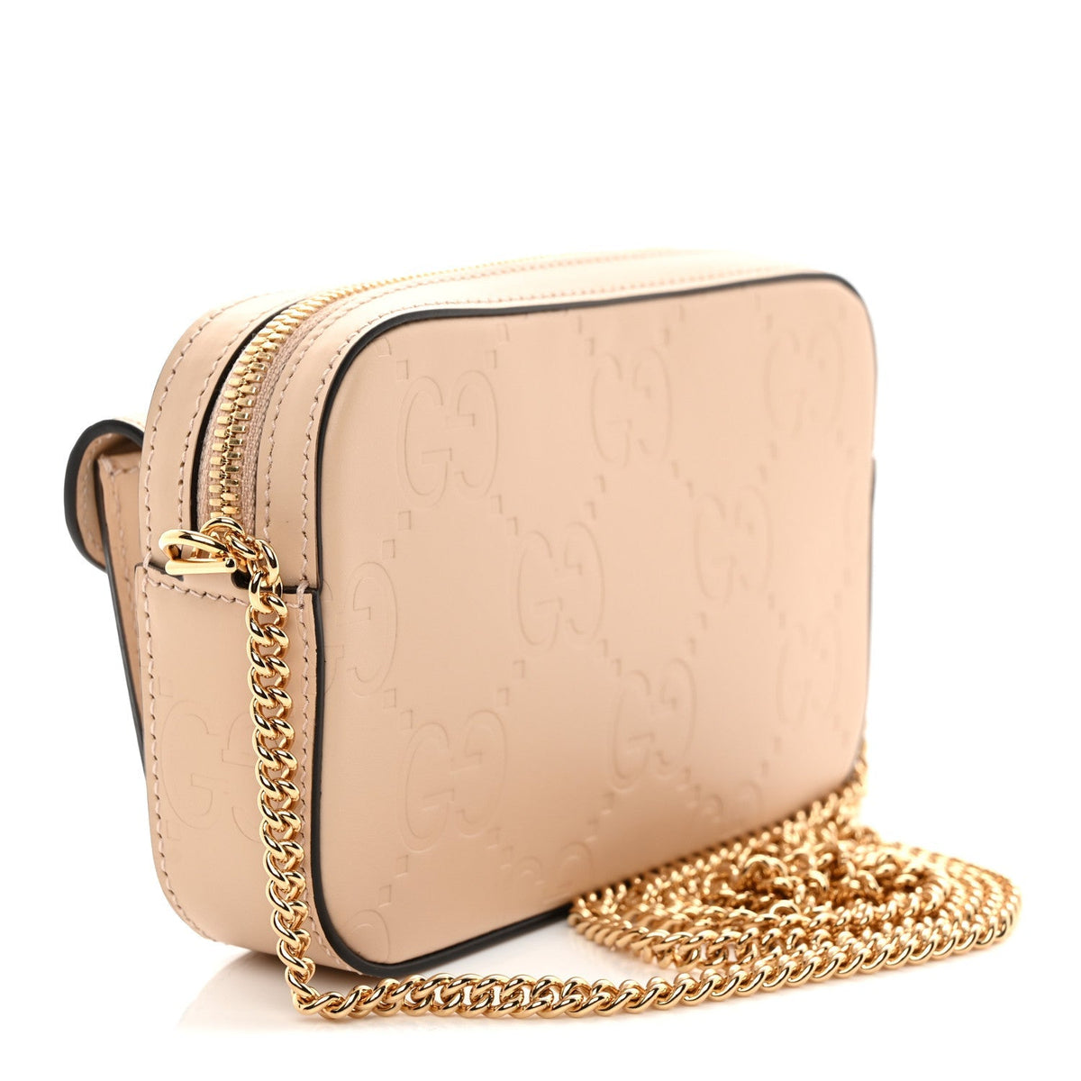 Gucci Calfskin GG Super Mini Debossed Chain Wallet Light Beige