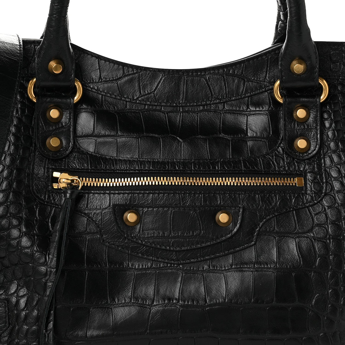 Balenciaga Calfskin Crocodile Embossed Gold Hardware Le City Black
