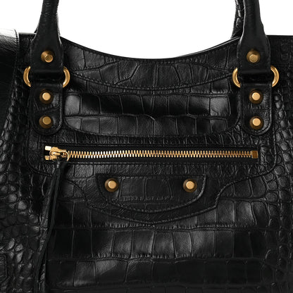 Balenciaga Calfskin Crocodile Embossed Gold Hardware Le City Black