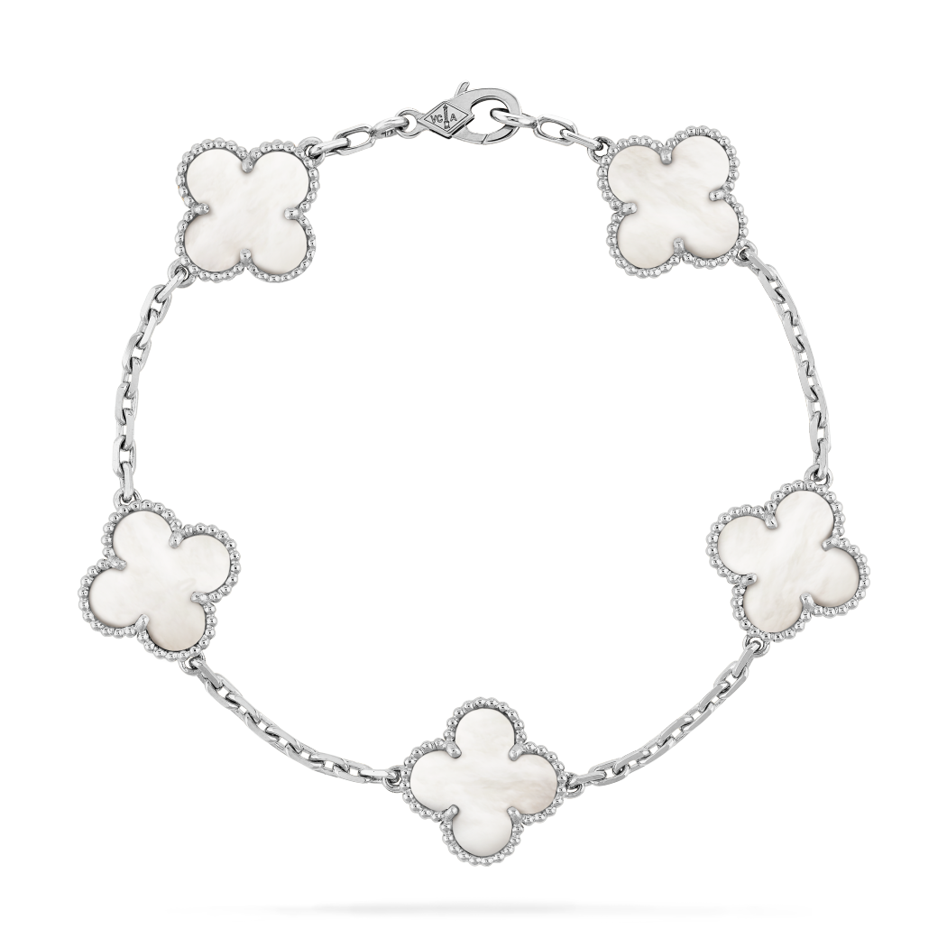 18K White Gold Mother of Pearl VCA Vintage Alhambra Bracelet 5 Motifs