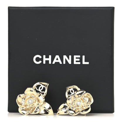 Chanel Crystal CC Camelia Earrings Gold