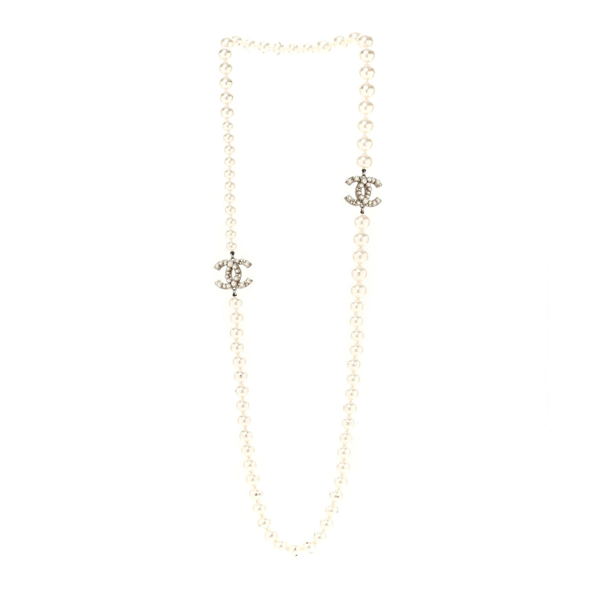 Chanel Gold Tone Crystal Faux Pearl CC Long Necklace